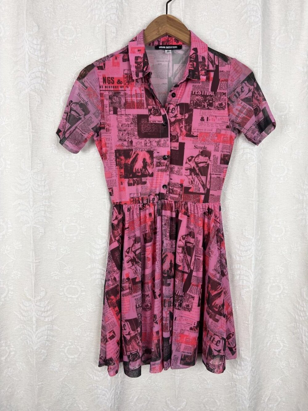 Newspaper dress fit & flare pink mesh sheer mini Urban Outfitters festival Y2K